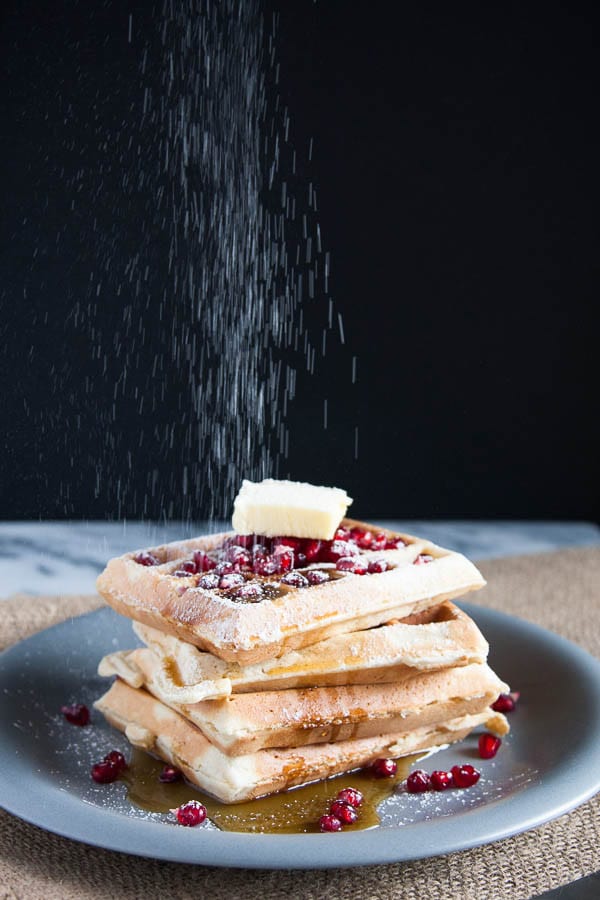 Eggnog Waffles are creamy, fluffy, and sweetly spiced with nutmeg. Try them for a holiday breakfast!