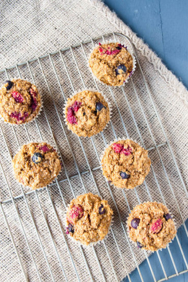 Healthy Double Berry Bran Muffins are bursting with berries and good-for-you fiber.