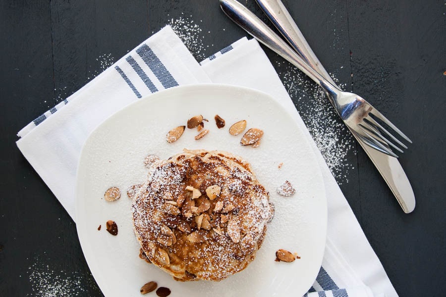 Slivered almonds provide a satisfying crunch, and the cranberries are soft pockets of flavour in these Almond Cranberry Whole Wheat Pancakes - a delicious Saturday morning breakfast.