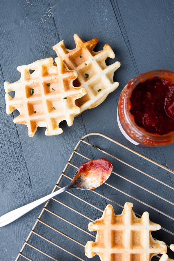 Savory Ricotta Chive Waffles - the outsides are crisp while the insides are soft and fluffy, flavoured with a gentle tang of ricotta and burst of oniony chives.