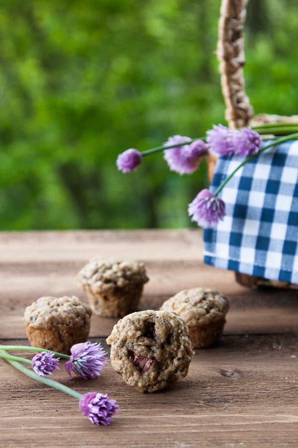 I'm loving rhubarb season! Tart rhubarb pairs with creamy banana in these moist and tasty mini muffins recipe!