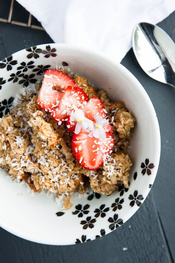 I love coconut - and this Coconut Cream Baked Oatmeal has triple coconut flavour - coconut flakes, coconut milk, and a dot of coconut oil. 