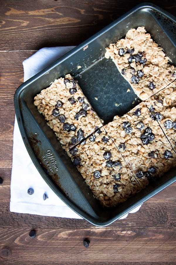 Take your breakfast to go! No-Bake Peanut Butter Chocolate Chip Oatmeal Squares require no baking - just set in the fridge overnight and eat the next morning.