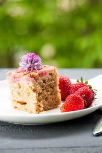 Upside-down Rhubarb Brunch Cake has a buttermilk cake base and is topped with tangy rhubarb laced with gooey caramel, which makes this already-moist cake irresistible.