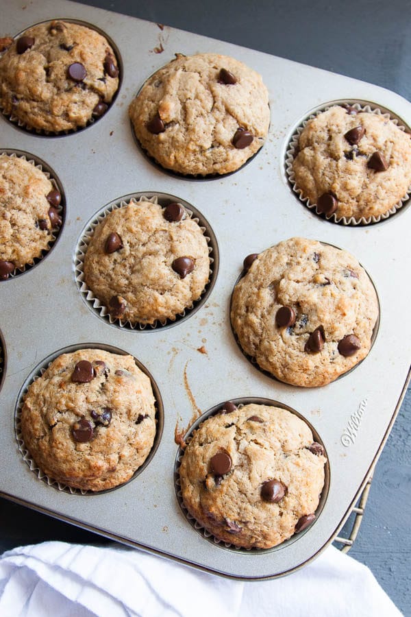Banana Chocolate Chip Muffins use 3 bananas for maximum flavour, and sour cream for moistness! | breakfast for dinner