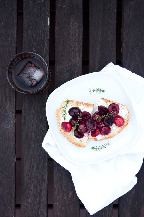 Creamy goat cheese pairs with sweet roasted cherries, and fresh savory thyme - this is one of my favourite summertime breakfasts.