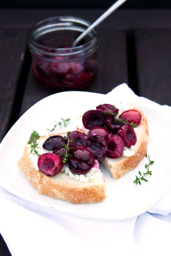 Creamy goat cheese pairs with sweet roasted cherries, and fresh savory thyme - this is one of my favourite summertime breakfasts.