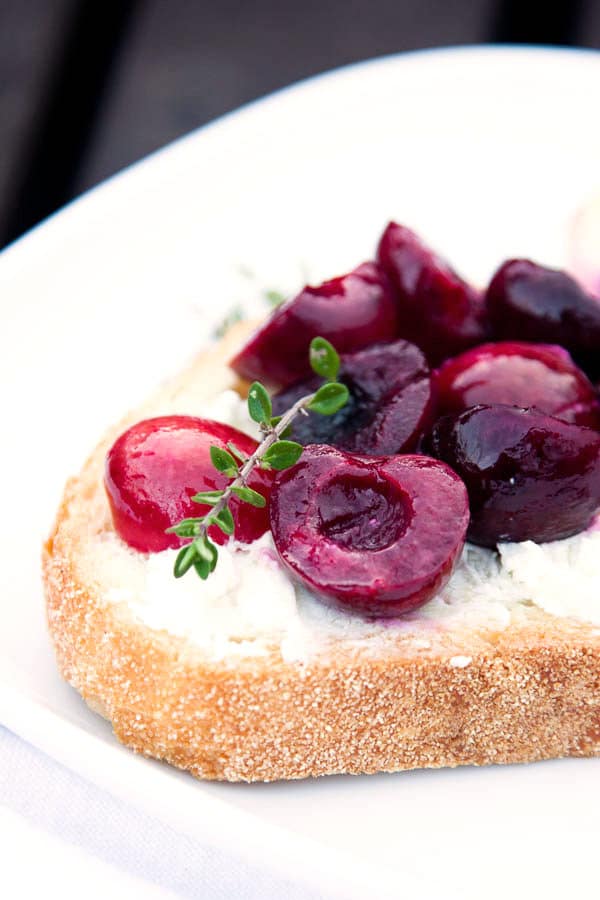 Creamy goat cheese pairs with sweet roasted cherries, and fresh savory thyme - this is one of my favourite summertime breakfasts.