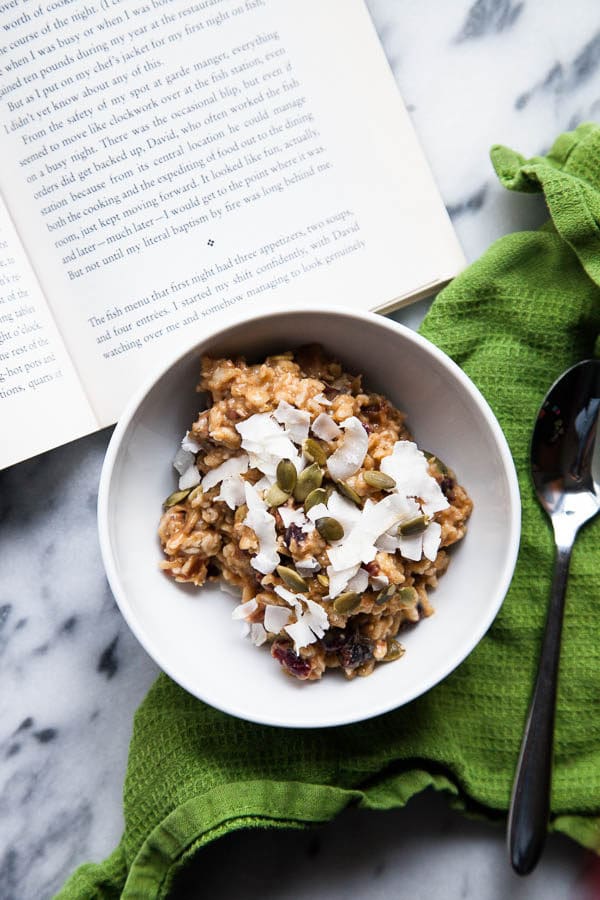 This bubbling pot of warm, creamy Stovetop Oatmeal is an homage to the autumn season with pumpkin puree, dried cranberries, pecans, and warming spices.