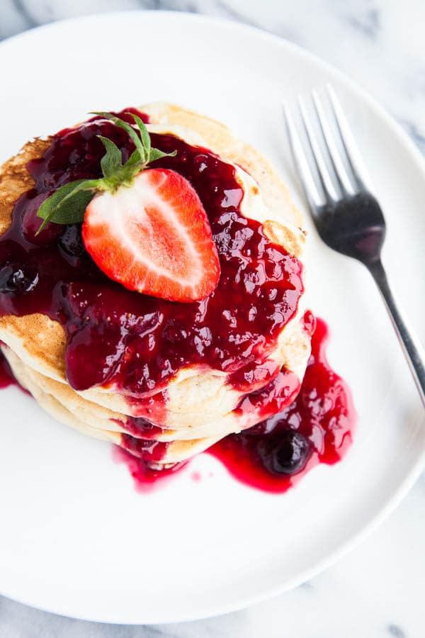 Buttermilk Pancakes with Triple Berry Sauce | breakfast for dinner