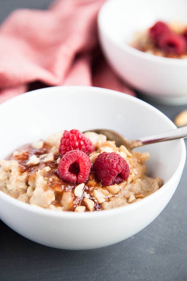 Peanut Butter and Jam Stovetop Oatmeal will bring you child-like glee! Delicious PB&J taste in the adult vehicle of an oatmeal bowl.