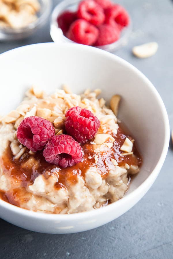 Peanut Butter and Jam Stovetop Oatmeal will bring you child-like glee! Delicious PB&J taste in the adult vehicle of an oatmeal bowl.