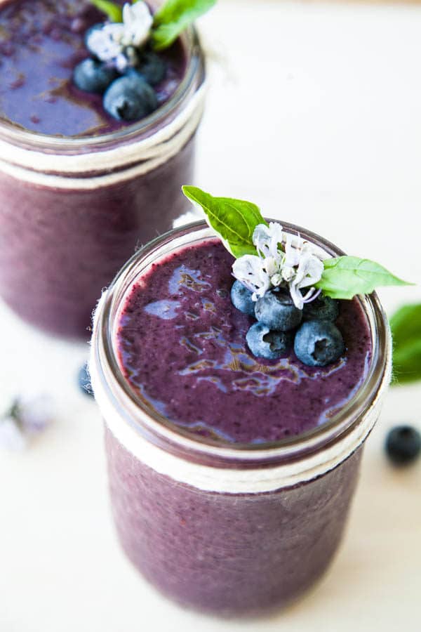 Blueberry Basil Smoothie | Fresh basil leaves are added to a classic blueberry smoothie, creating a refreshing twist in this healthy breakfast smoothie.