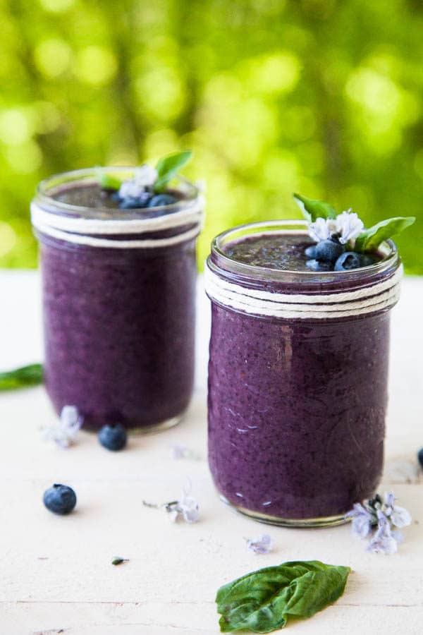 Blueberry Basil Smoothie Fresh basil leaves are added to a classic blueberry smoothie, creating a refreshing twist in this healthy breakfast smoothie.