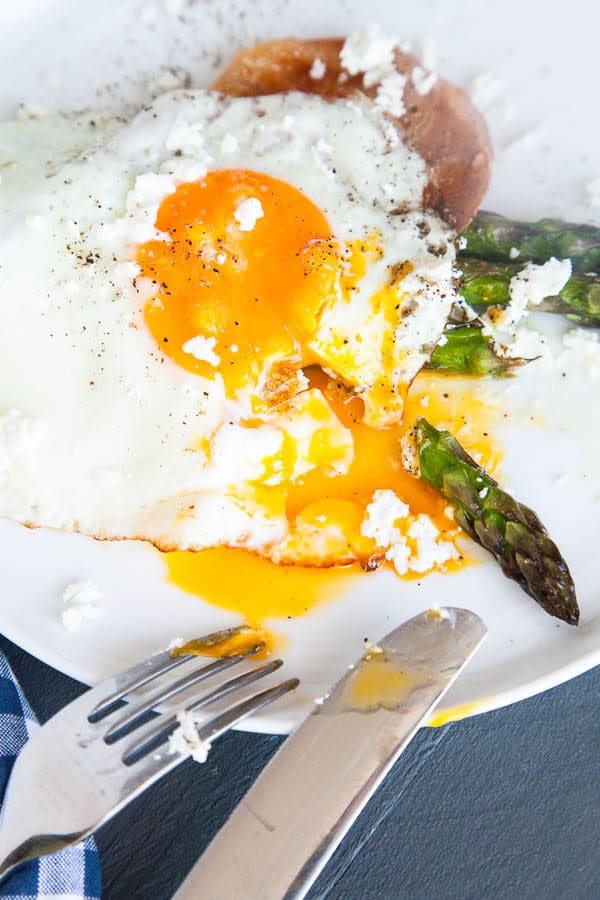 This is a simple sheet pan breakfast celebrating the Spring flavours of fresh asparagus. Roasted asparagus sprigs are stacked with crispy prosciutto, a soft fried egg, and crumbles of creamy goat cheese and it is the perfect combination of roasty, salty, and creamy.