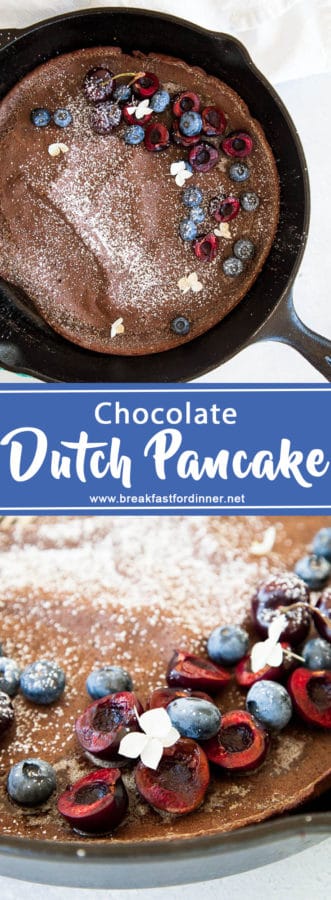 Chocolate dutch baby pancake is the perfect little breakfast treat when eaten with fresh berries, a sprinkle of powdered sugar, and a drizzle of maple syrup.