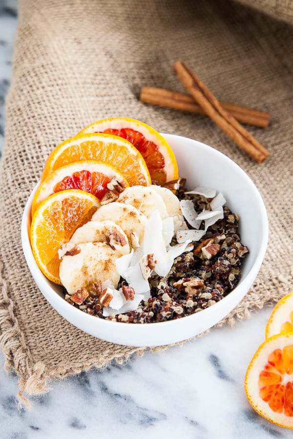 Quinoa is not just for dinner - try it for breakfast with these hearty, nutritious breakfast quinoa bowls, swirled with vanilla, cinnamon, and creamy milk.