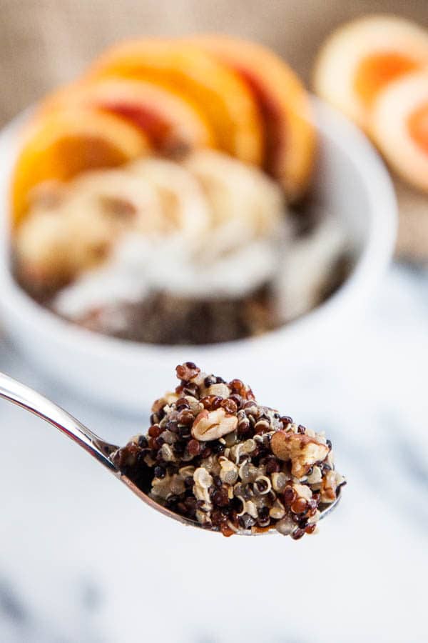 Quinoa is not just for dinner - try it for breakfast with these hearty, nutritious breakfast quinoa bowls, swirled with vanilla, cinnamon, and creamy milk.