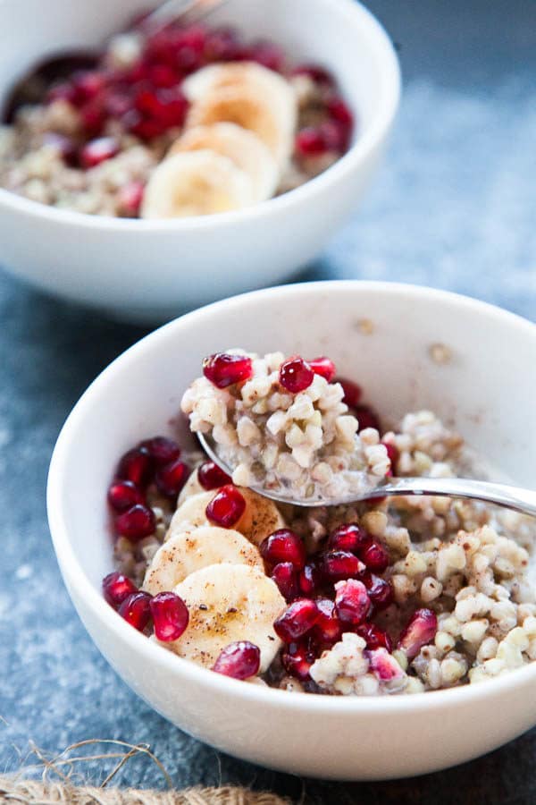 Buckwheat has a chewier and heartier texture than oatmeal and makes a cozy, warm breakfast bowl. Recipe yields 2 bowls.