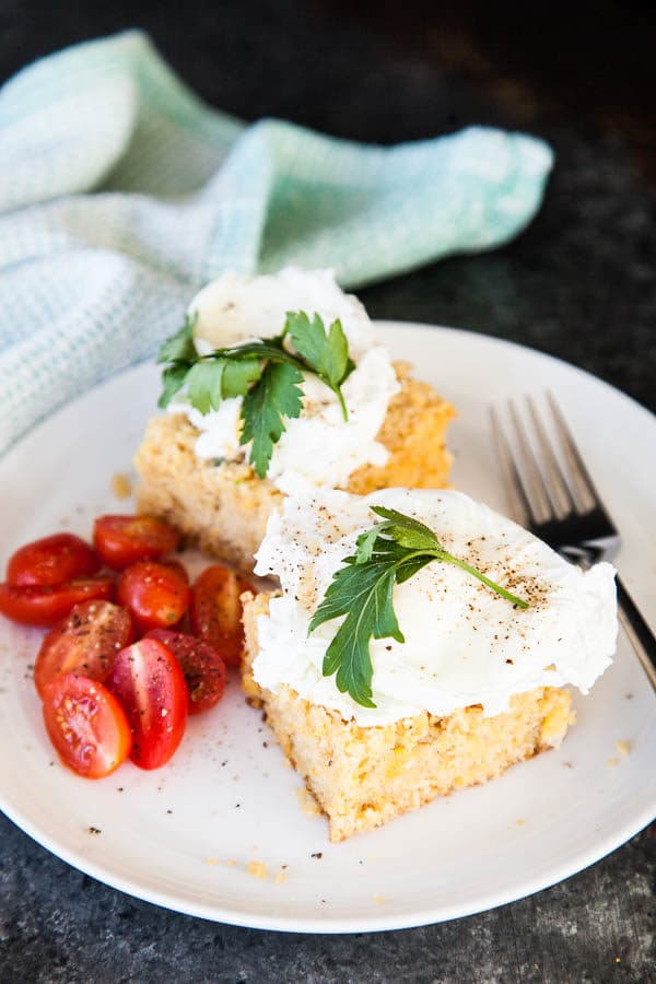 Jalapeno cornbread topped with poached eggs