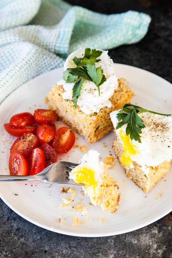 Jalapeno cornbread topped with poached eggs