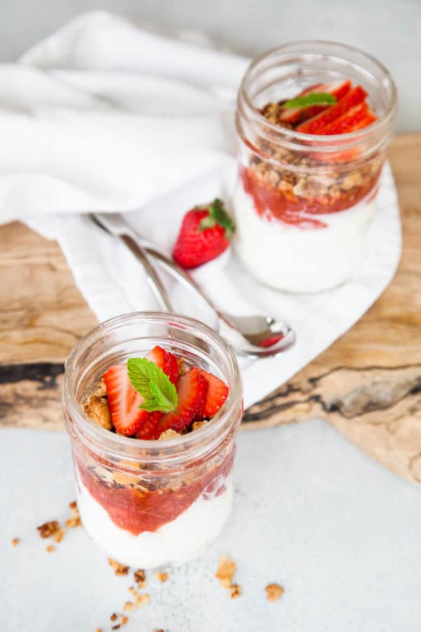 Stewed Strawberry Rhubarb Yogurt Jars | breakfast for dinner