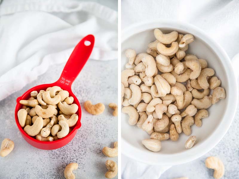 Process of making homemade cashew milk: soaking the cashews.