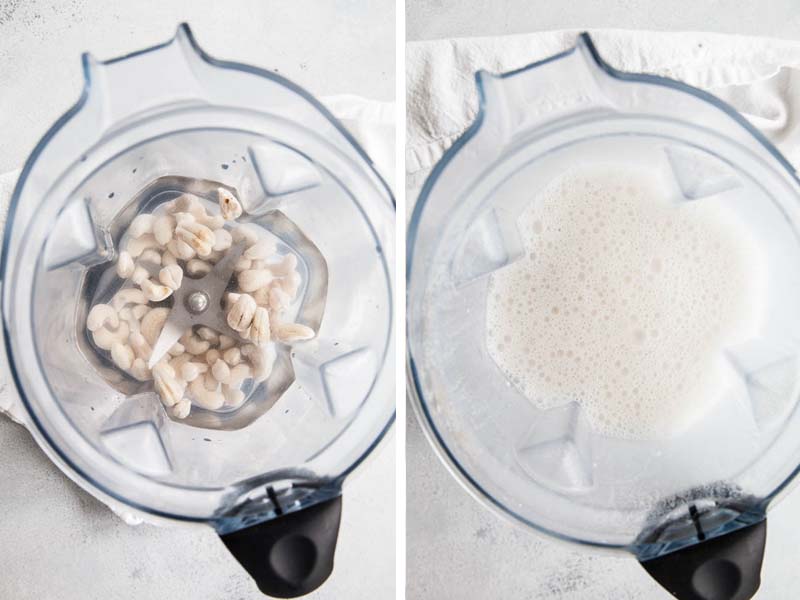 Process of making homemade cashew milk: blending the cashews.