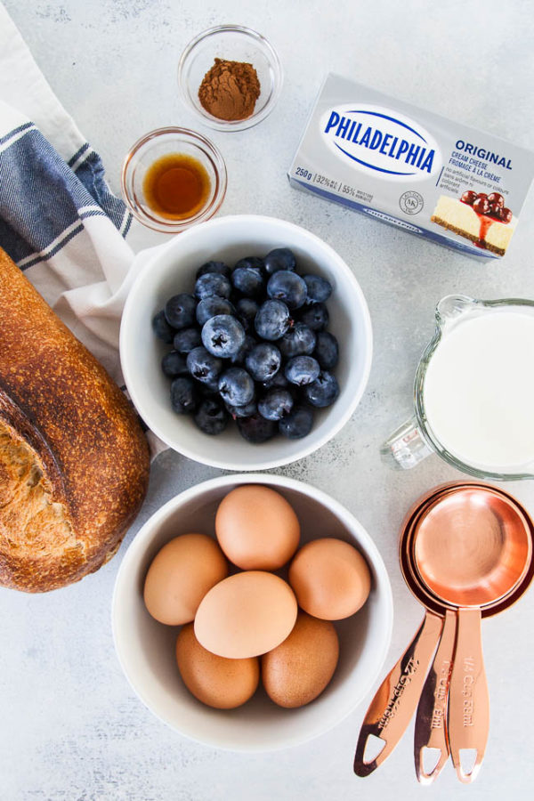 Assembled ingredients for Blueberry Cream Cheese French Toast Bake recipe